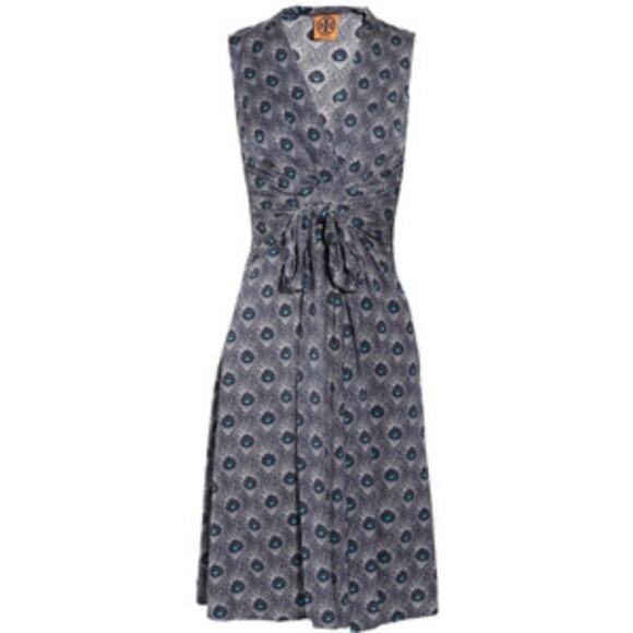 Tory Burch Dress Theona Peacock V Neck Sleeveless Blue Purple Silk Jersey Midi L - Picture 2 of 10